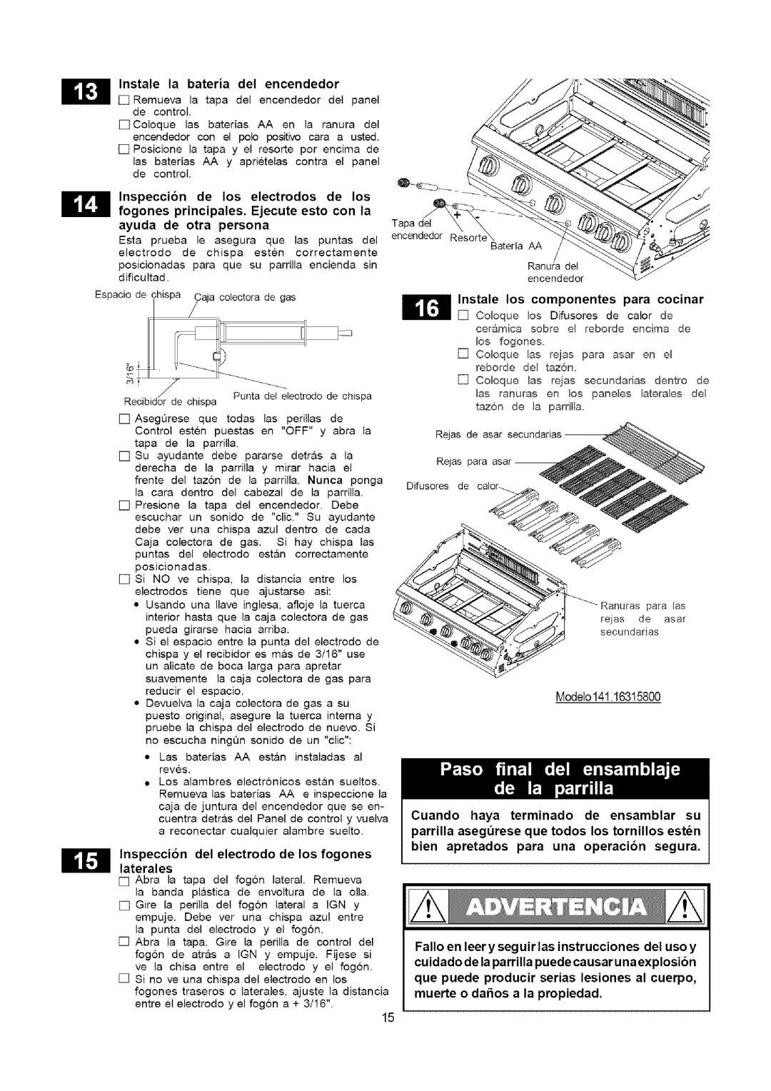 Kenmore manual Inspecci6n del electrodo de los fogones, Modelo141.16315800, Instale la bateria del encendedor, Laterales 