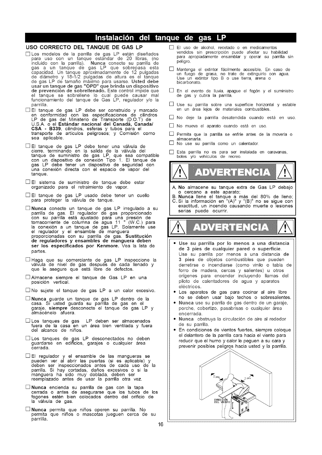 Kenmore 141.16315800 manual USO Correcto DEL Tanque DE GAS LP 