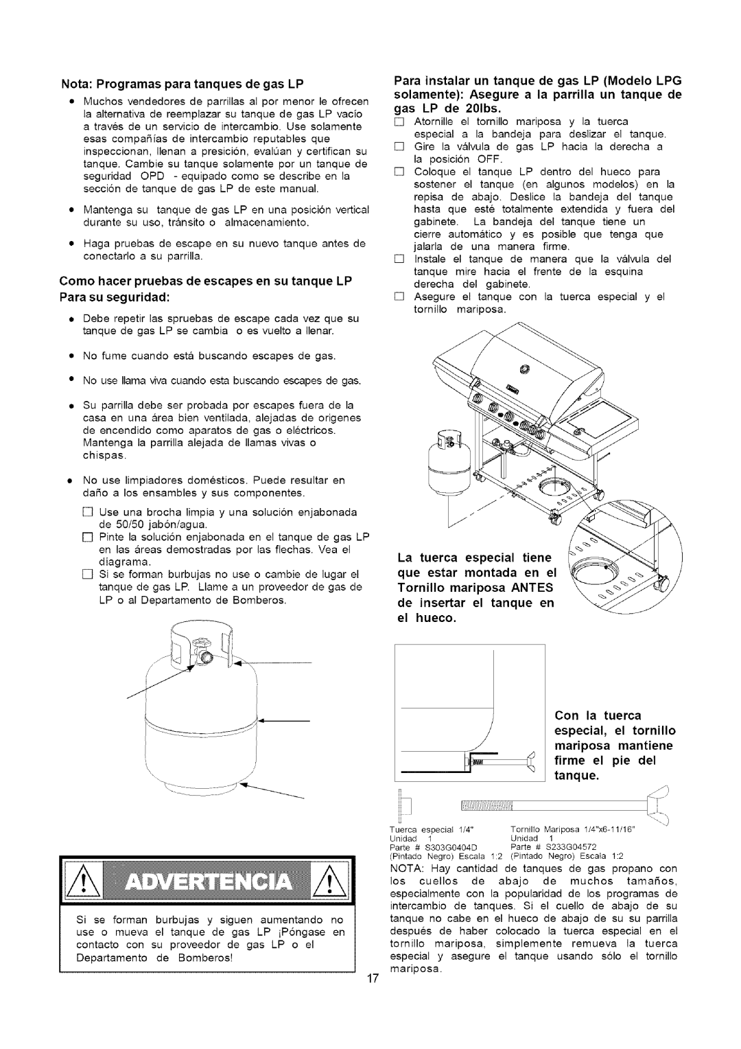 Kenmore 141.16315800 manual Nota Programas para tanques de gas LP, Solamente Asegure a la parrilla un tanque de 