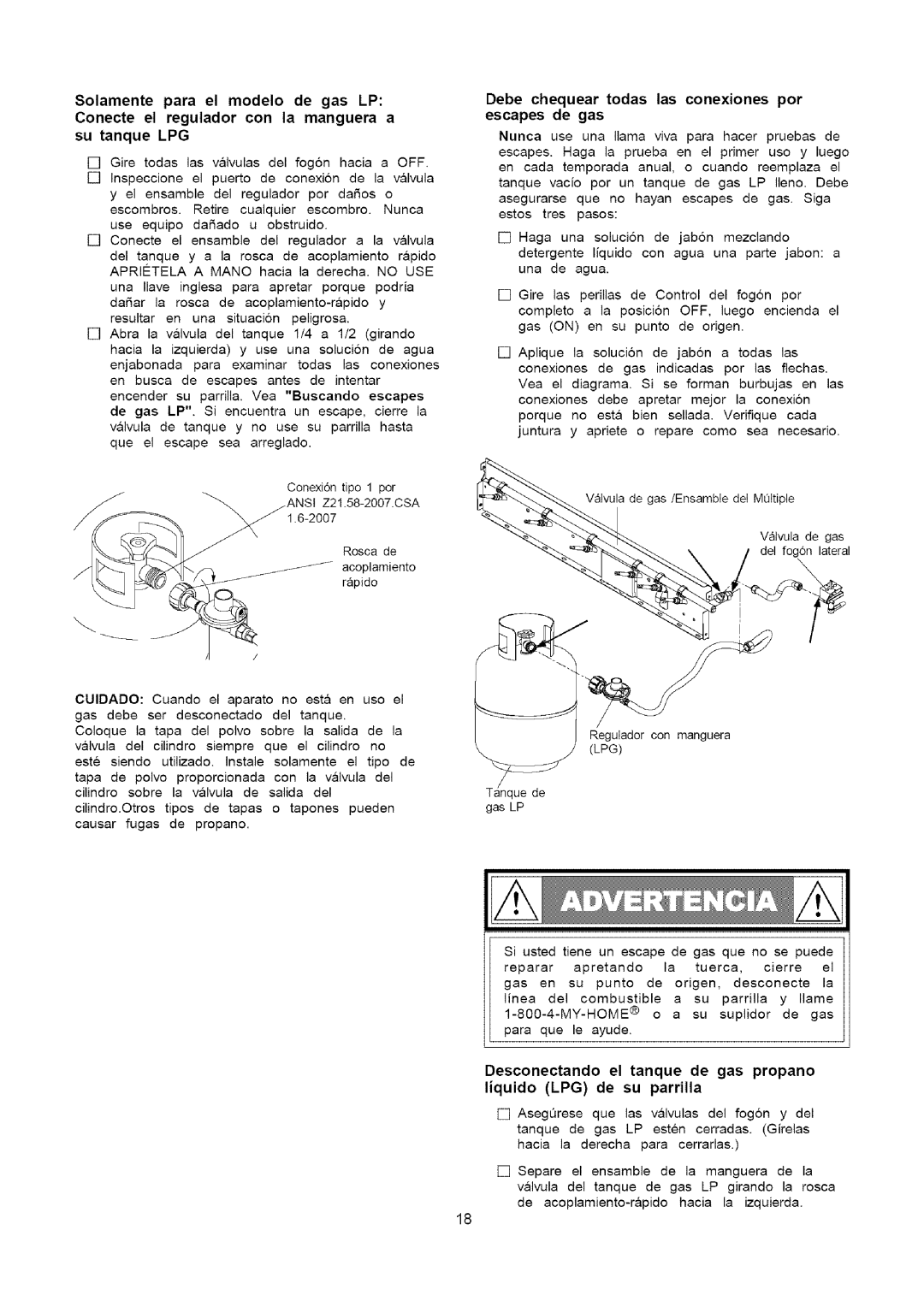Kenmore 141.16315800 manual Su tanque LPG, Debe chequear todas las conexiones por Escapes de gas 