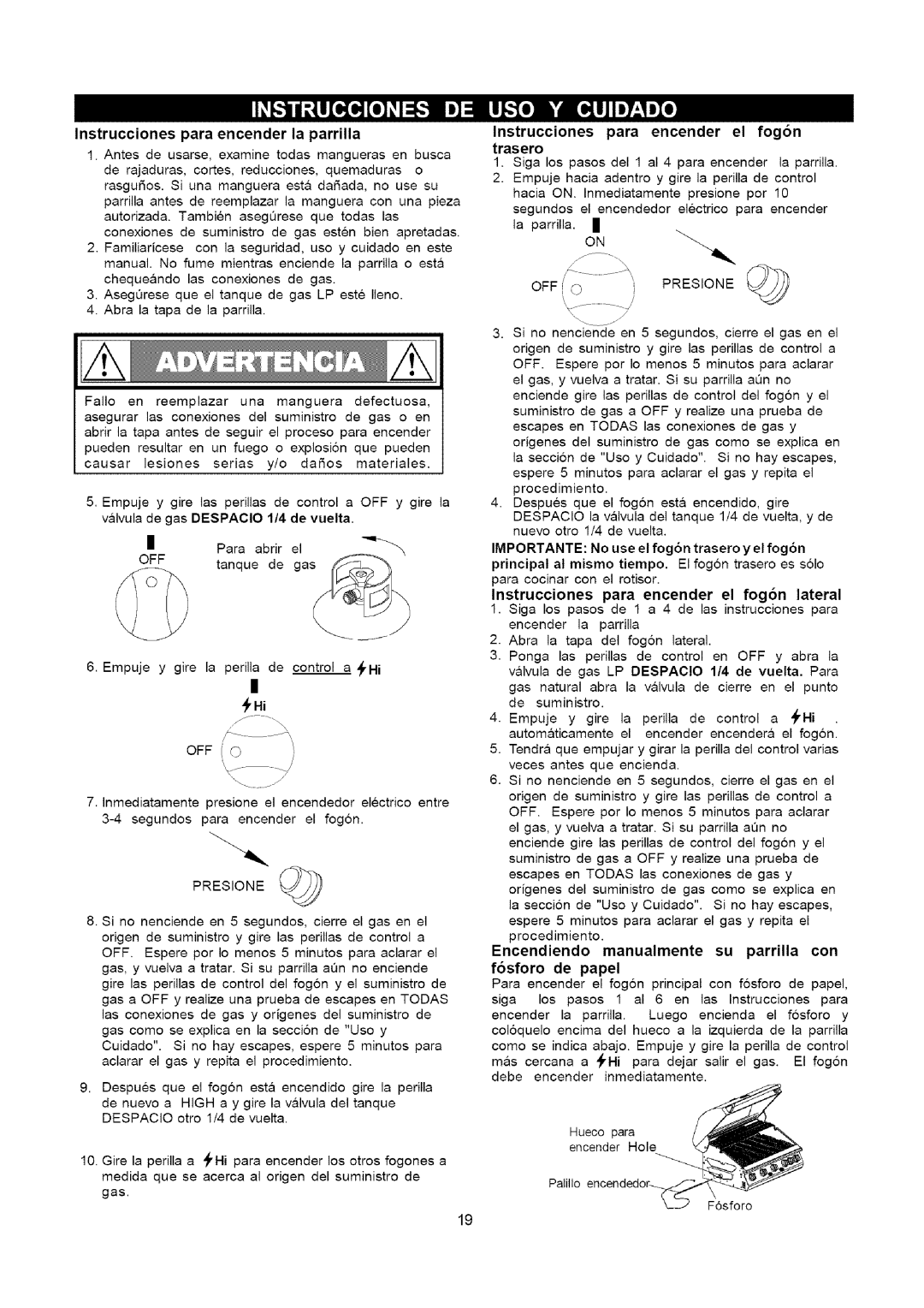 Kenmore 141.16315800 Instrucciones para encender el fog6n trasero, Instrucciones para encender el fog6n lateral, Presione 