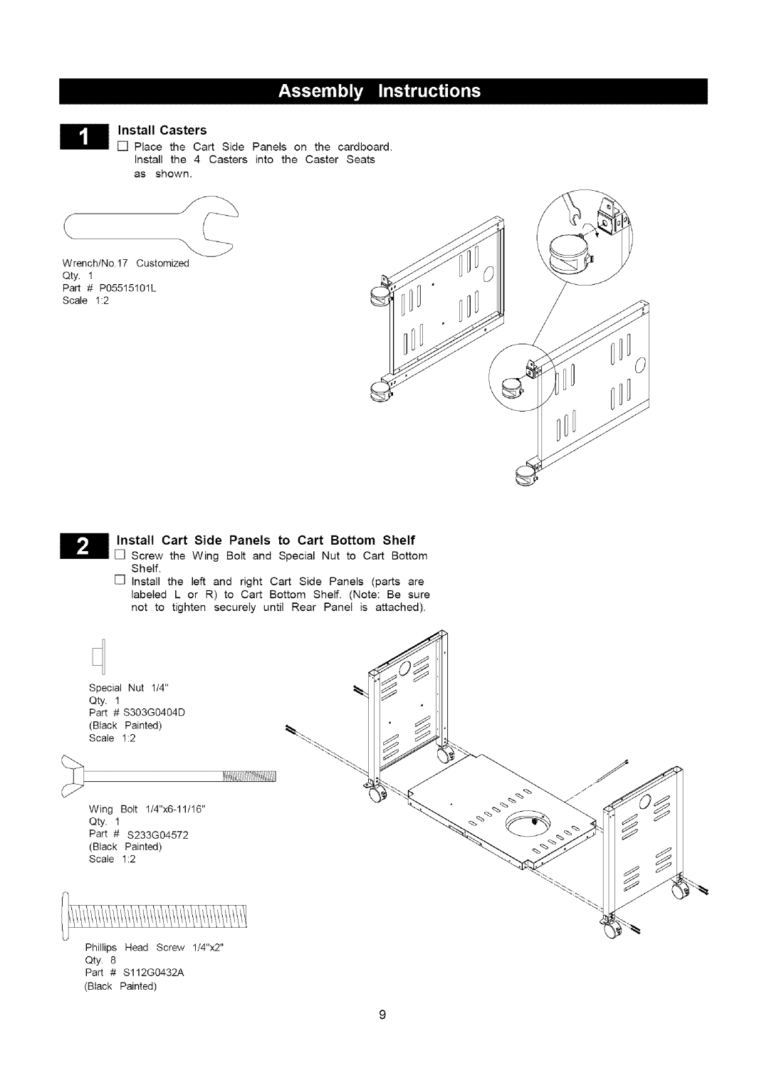 Kenmore 141.16315800 manual Nstall, Install Casters, Side, Bottom Shelf 