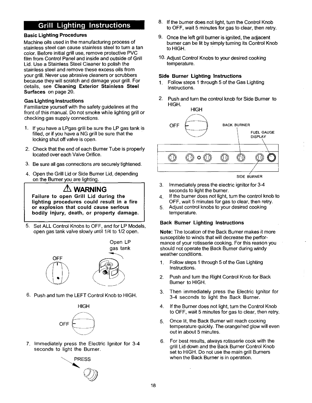 Kenmore 141.1668 Gas Lighting Instructions, Side Burner Lighting Instructions, Back Burner Lighting Instructions 