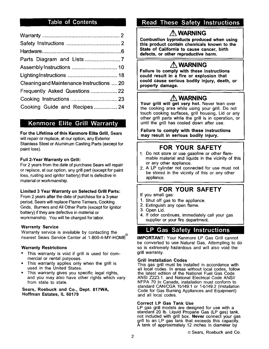 Kenmore 141.1668 owner manual For Your Safety, Correct LP Gas Tank Use 