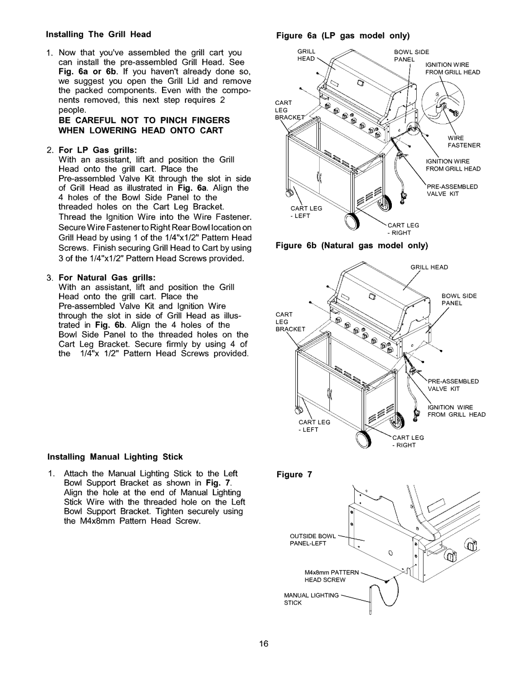 Kenmore 141.17337, 141.15337 Installing The Grill Head, For Natural Gas grills, Installing Manual Lighting Stick 