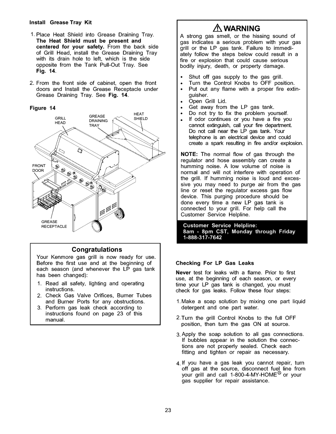 Kenmore 141.15337, 141.17337 owner manual Install Grease Tray Kit, Checking For LP Gas Leaks 