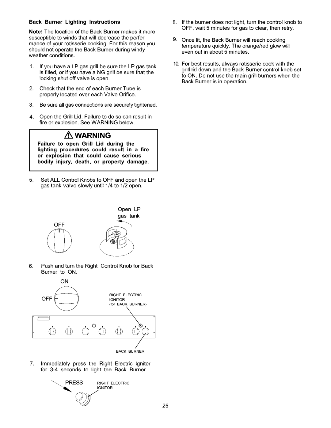 Kenmore 141.15337, 141.17337 owner manual Back Burner Lighting Instructions 