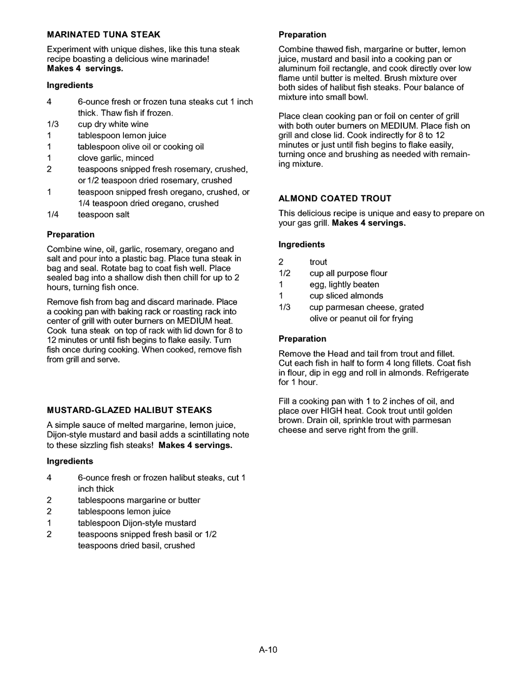 Kenmore 141.15337, 141.17337 owner manual Marinated Tuna Steak, MUSTARD-GLAZED Halibut Steaks, Almond Coated Trout 