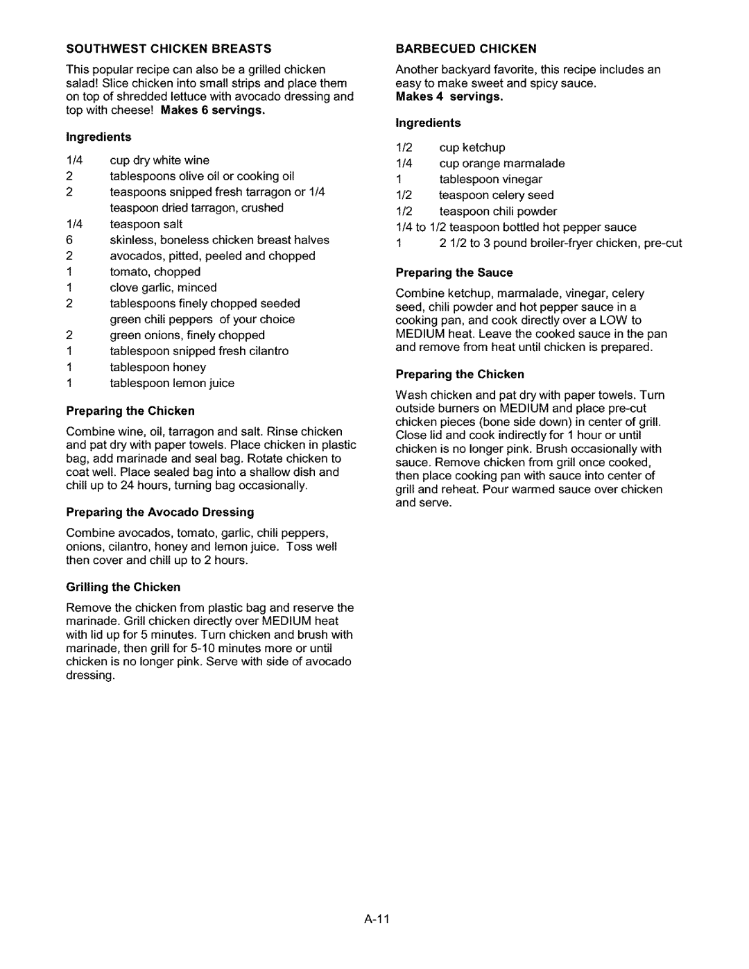 Kenmore 141.17337, 141.15337 owner manual Southwest Chicken Breasts, Barbecued Chicken 