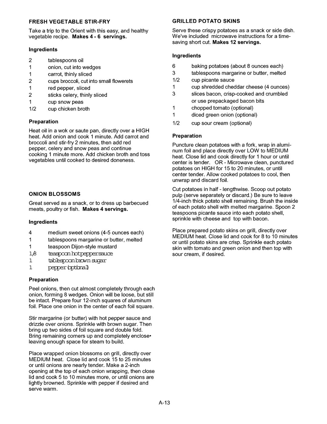 Kenmore 141.17337, 141.15337 Fresh Vegetable STIR-FRY, Vegetable recipe. Makes 4- 6 servings Ingredients, Onion Blossoms 