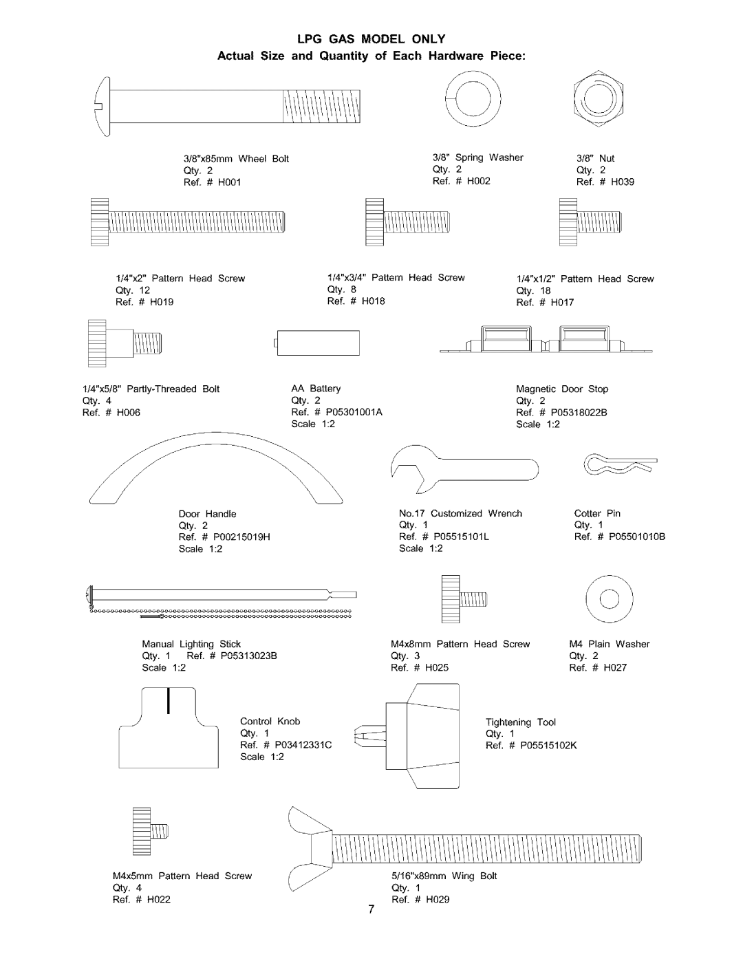 Kenmore 141.15337, 141.17337 owner manual LPG GAS Model only, Actual Size and Quantity of Each Hardware Piece 