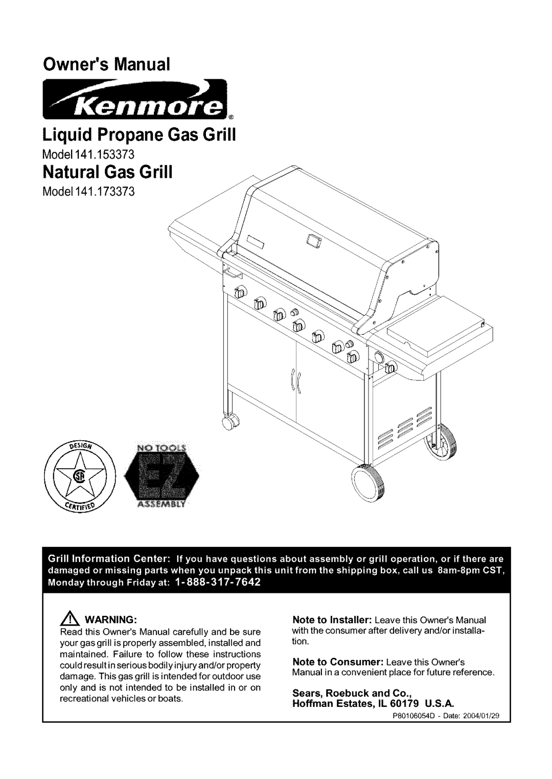 Kenmore 141.153373, 141.173373 owner manual OwnersManual Liquid Propane Gas Grill 