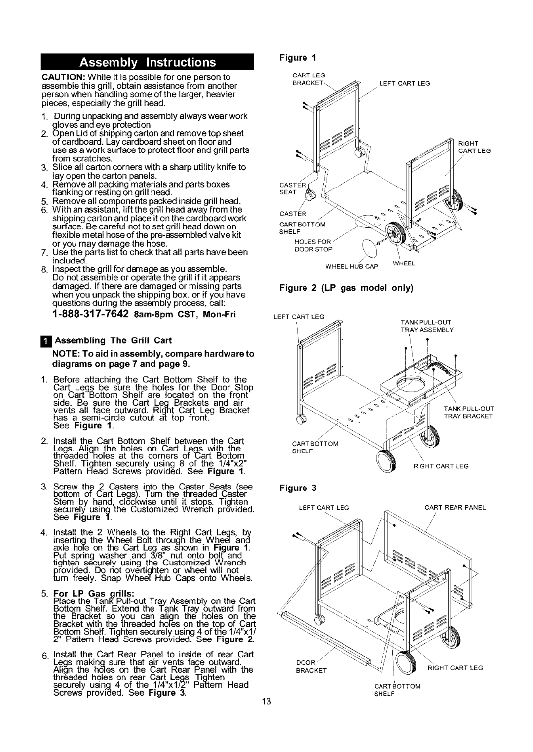 Kenmore 141.153373, 141.173373 owner manual Assembling The Grill Cart, LP gas model only 