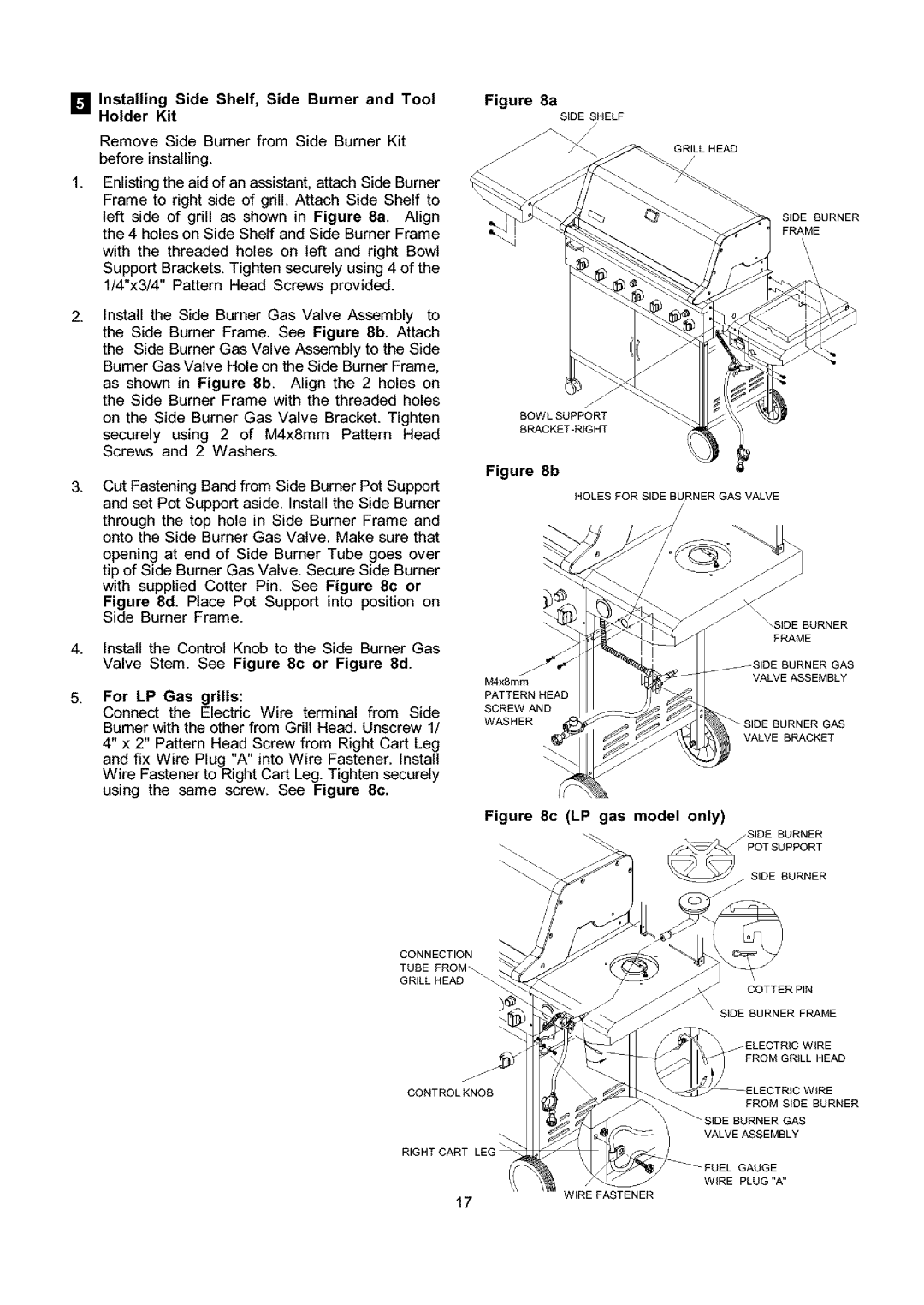 Kenmore 141.153373, 141.173373 Installing Side Shelf, Side Burner and Tool Holder Kit, Cotterpin Side Burner Frame 