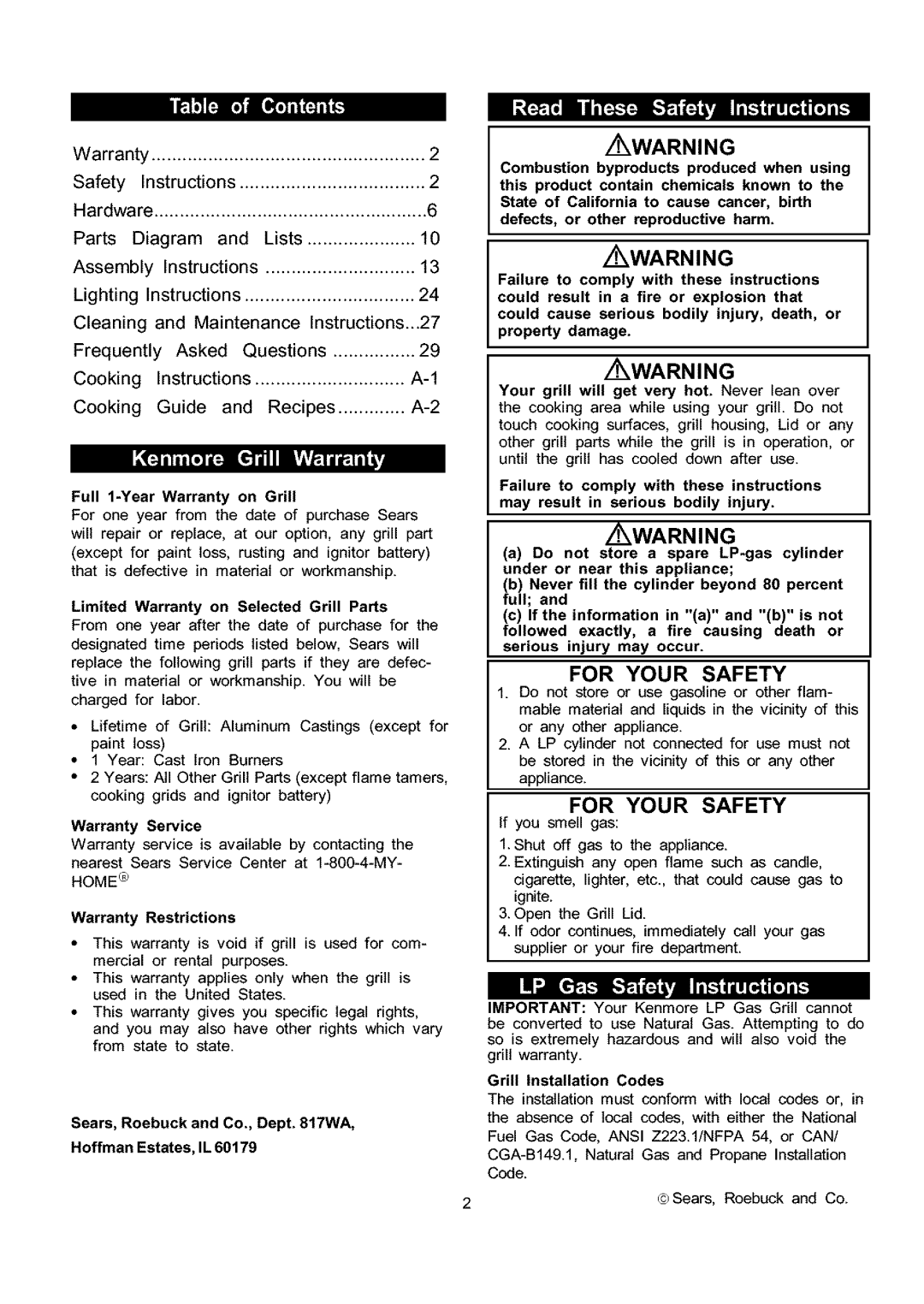 Kenmore 141.173373, 141.153373 owner manual Limited Warranty on Selected Grill Parts, Warranty Restrictions 