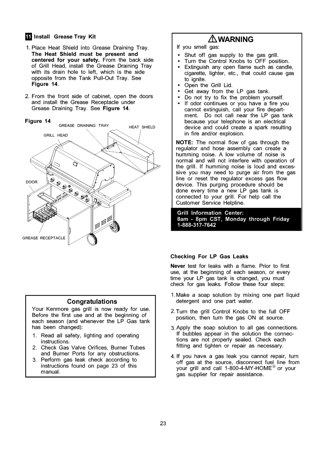 Kenmore 141.153373 Install Grease Tray Kit, To ignite, Get away from the LP gas tank, Checking For LP Gas Leaks 