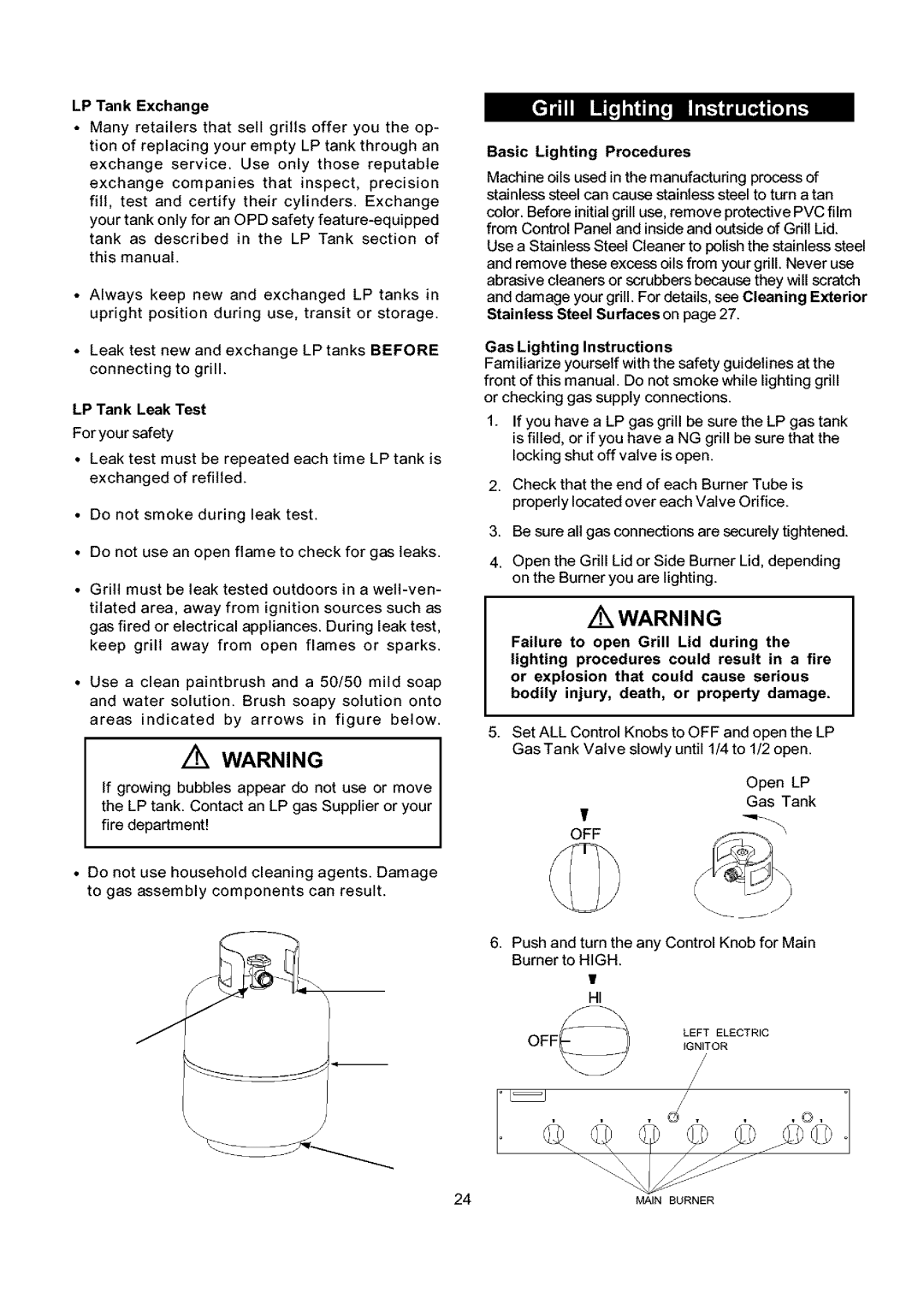 Kenmore 141.173373, 141.153373 owner manual LP Tank Exchange, Basic Lighting Procedures, Gas Lighting Instructions 