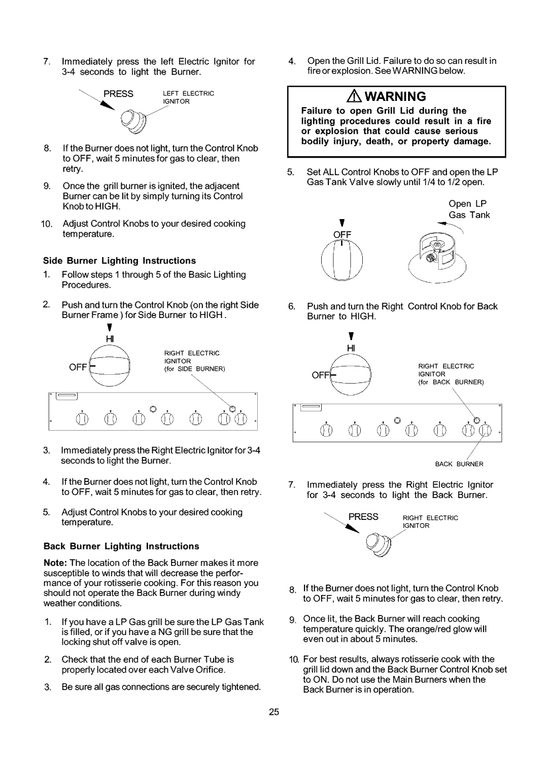 Kenmore 141.153373, 141.173373 owner manual Press Leftelectric, Back Burner Lighting Instructions 