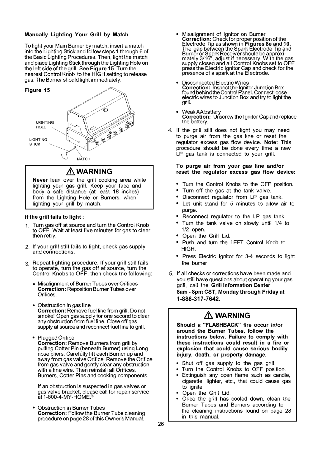 Kenmore 141.173373, 141.153373 Manually Lighting Your Grill by Match, Never lean over the grill cooking area while 