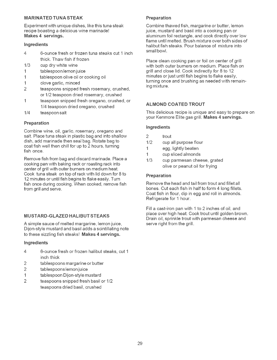 Kenmore 141.1664, 141.1764 owner manual Marinatedtunasteak, Mustard-Glazedhalibutsteaks, Almondcoatedtrout 