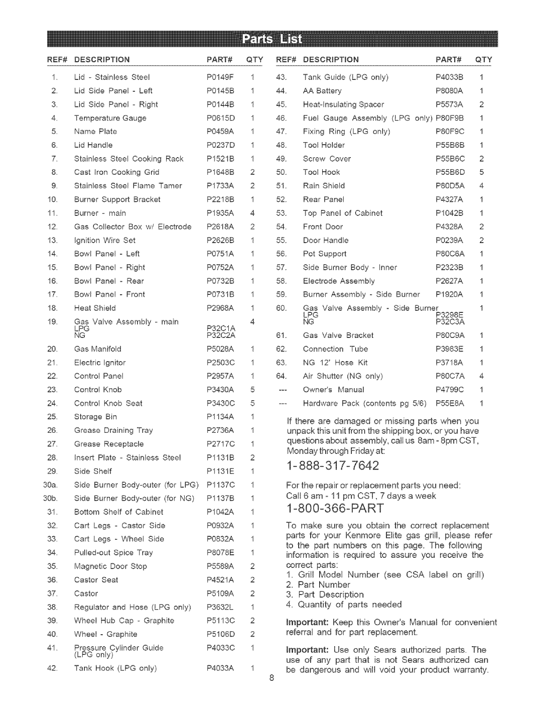 Kenmore 141.1764, 141.1664 owner manual Part, REF# Descrpton PART# QTY 