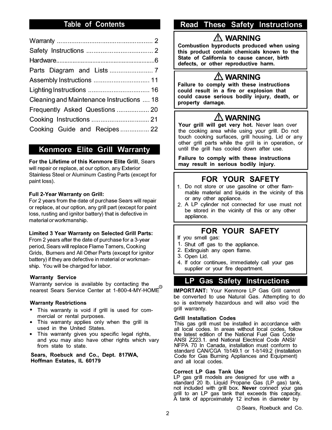 Kenmore 141.176801, 141.166801 Ak Warning, Full 2-Year Warranty on Grill, Limited 3 Year Warranty on Selected Grill Parts 