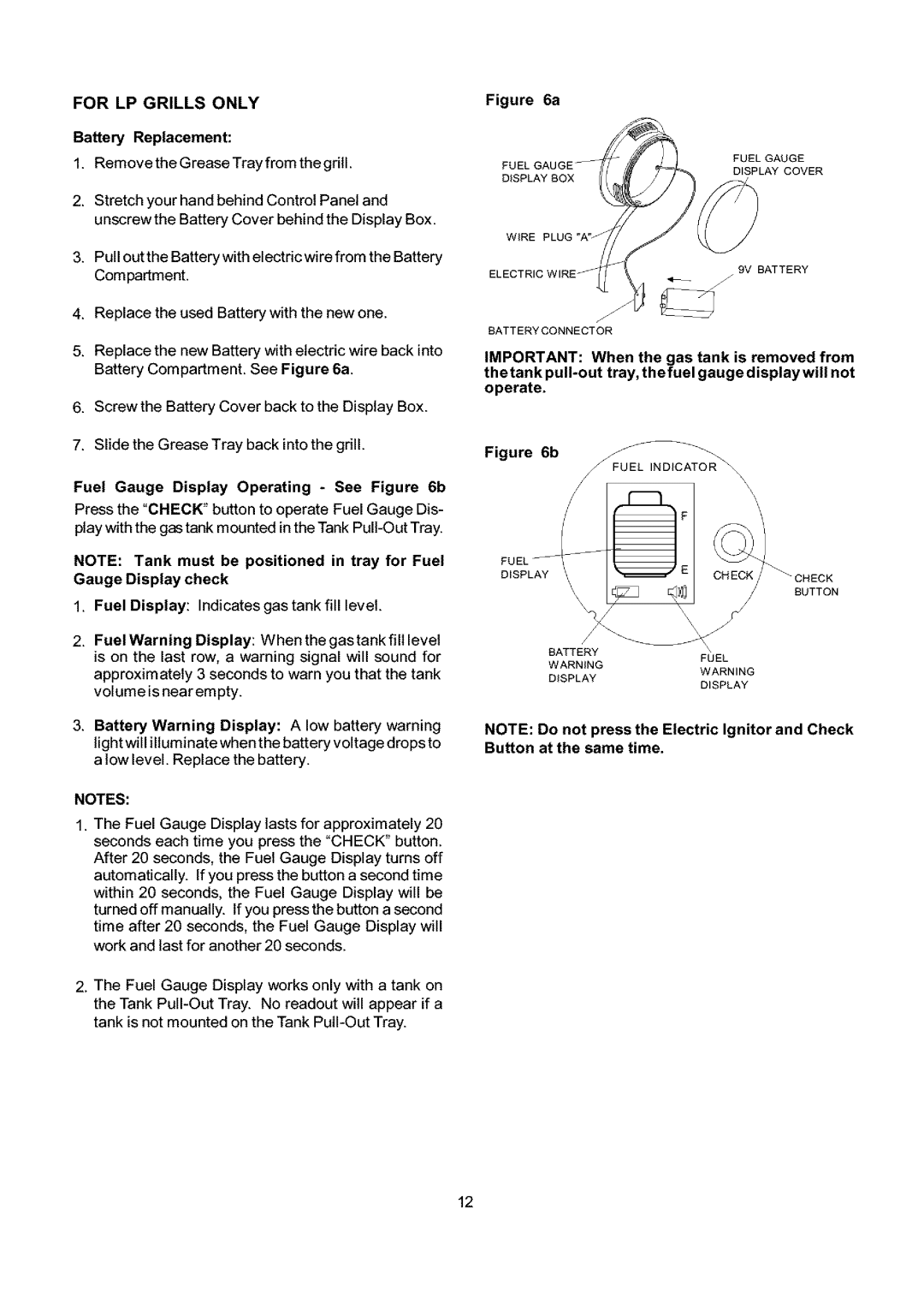 Kenmore 141.17681, 141.16681 owner manual For LP Grills only, Battery Replacement, Gauge Display check 