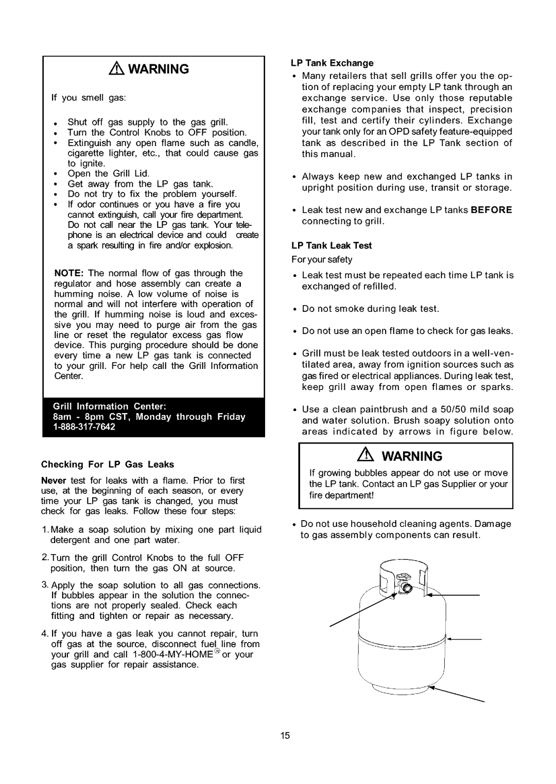 Kenmore 141.16681, 141.17681 owner manual Checking For LP Gas Leaks, LP Tank Exchange 