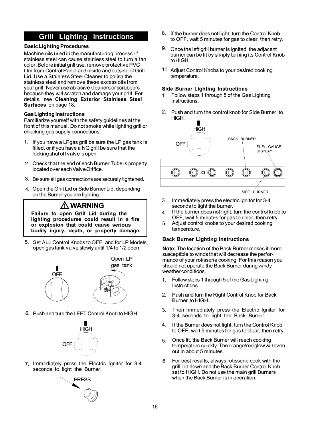 Kenmore 141.17681, 141.16681 BasicLighting Procedures, Gas Lighting Instructions, Side Burner Lighting Instructions 