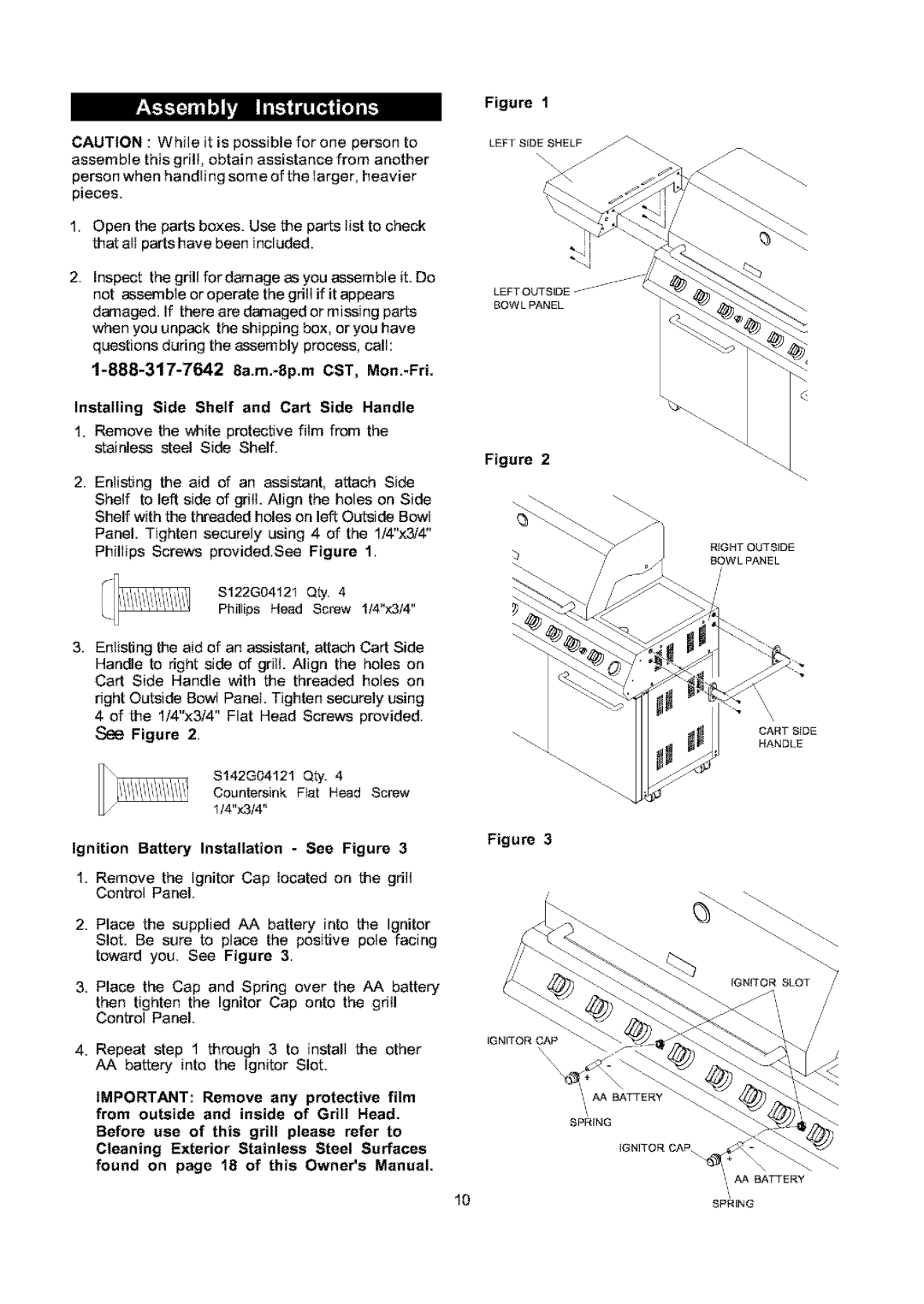 Kenmore 141.17691, 141.16691 Installing Side Shelf and Cart Side Handle, Ignition Battery Installation See Figure 