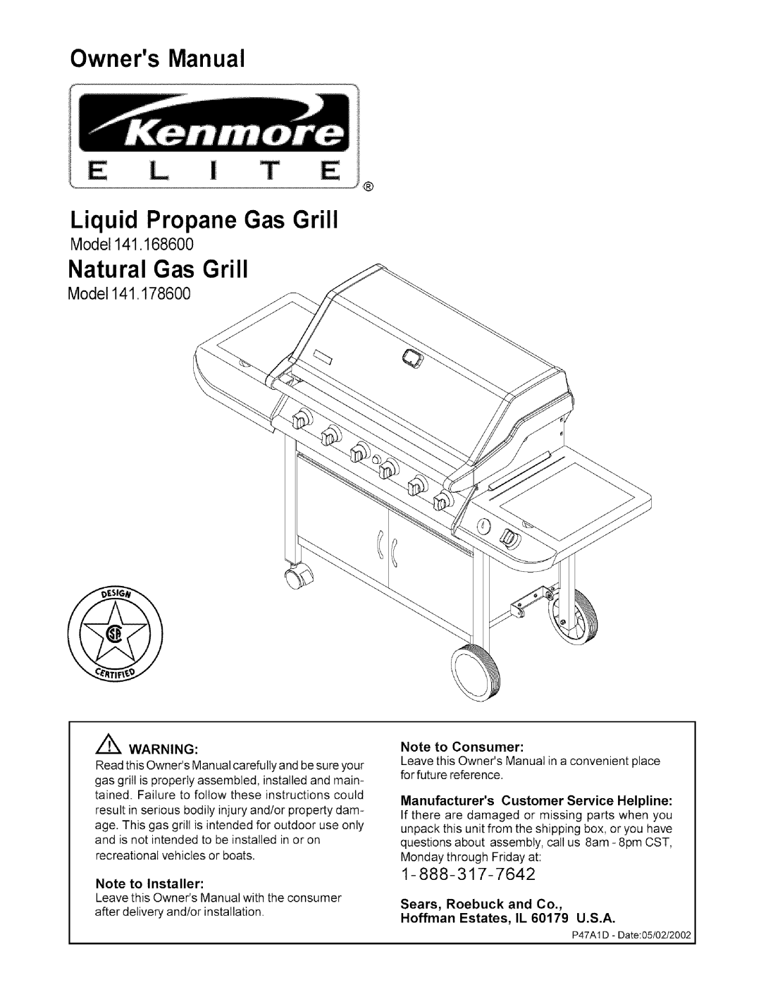 Kenmore 141.1686, 141.1786 owner manual OwnersManual Liquid Propane Gas Grill 