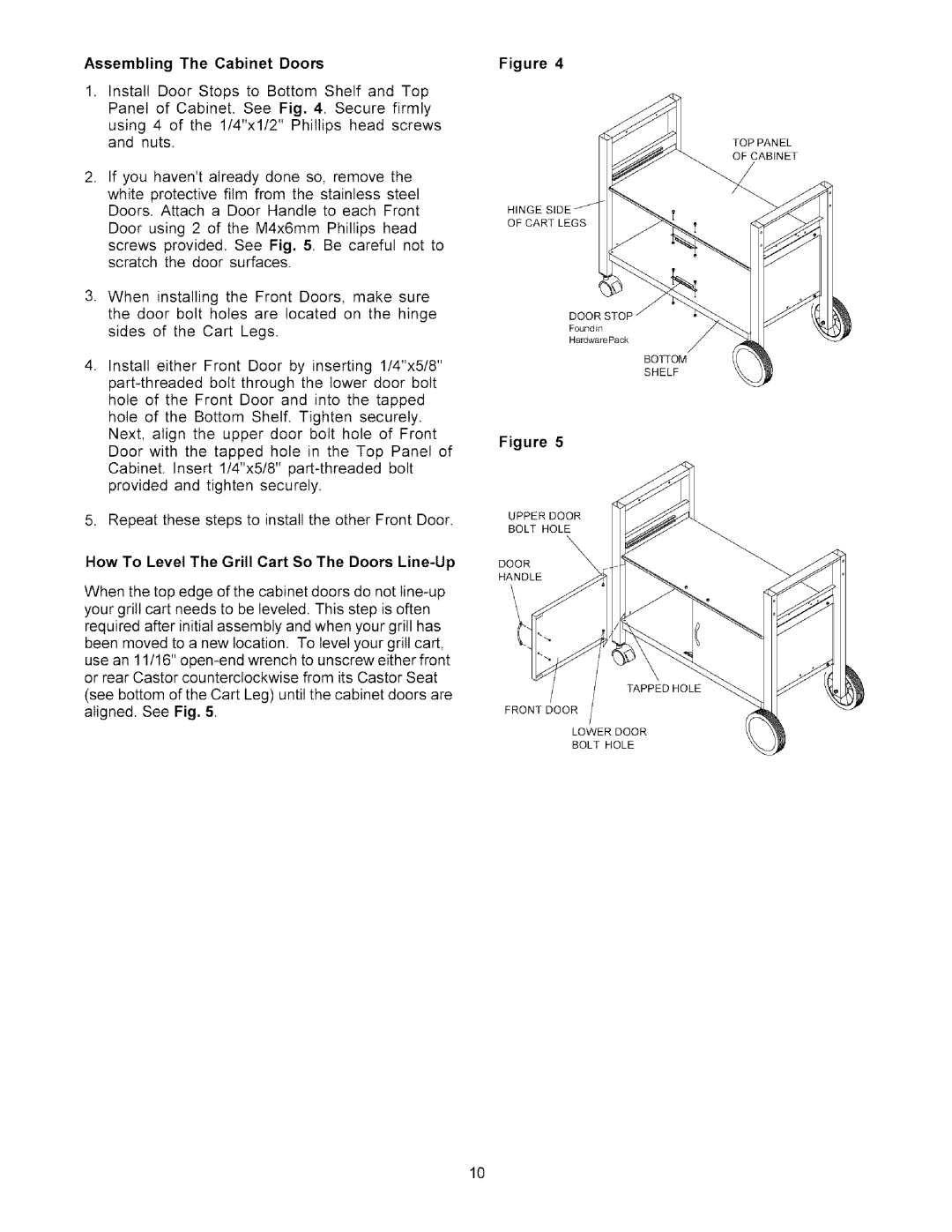 Kenmore 141.1786, 141.1686 owner manual Assembling The Cabinet Doors, How To Level The Grill Cart So The Doors Line-Up 