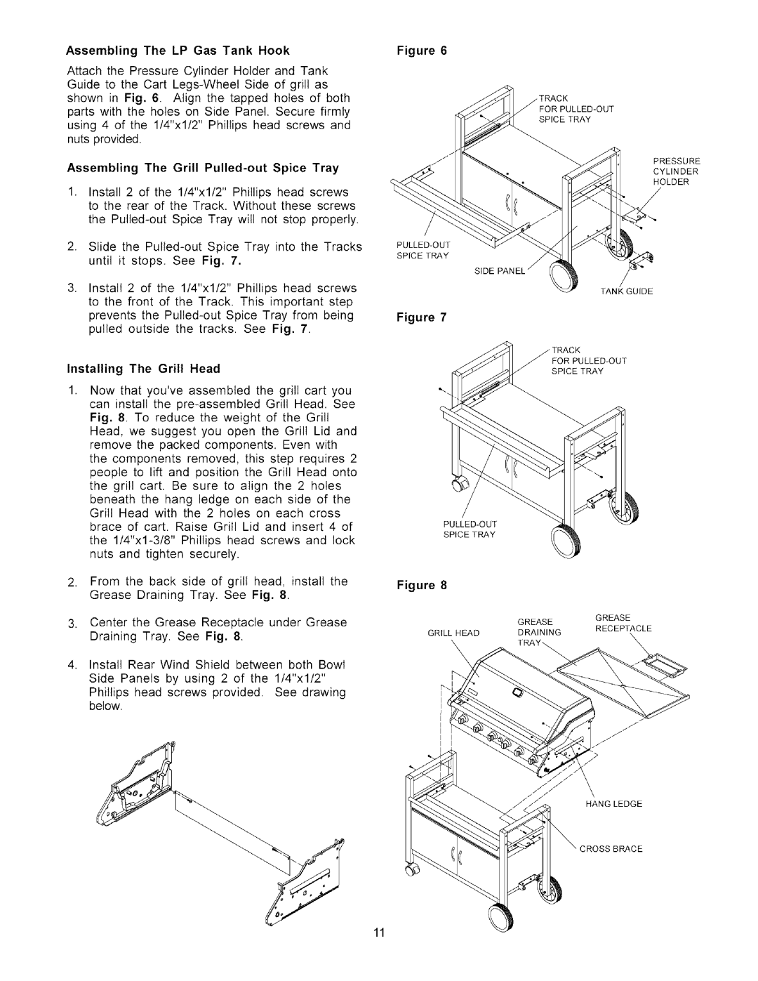 Kenmore 141.1686 Assembling The LP Gas Tank Hook, Assembling The Grill Pulled-out Spice Tray, Installing The Grill Head 