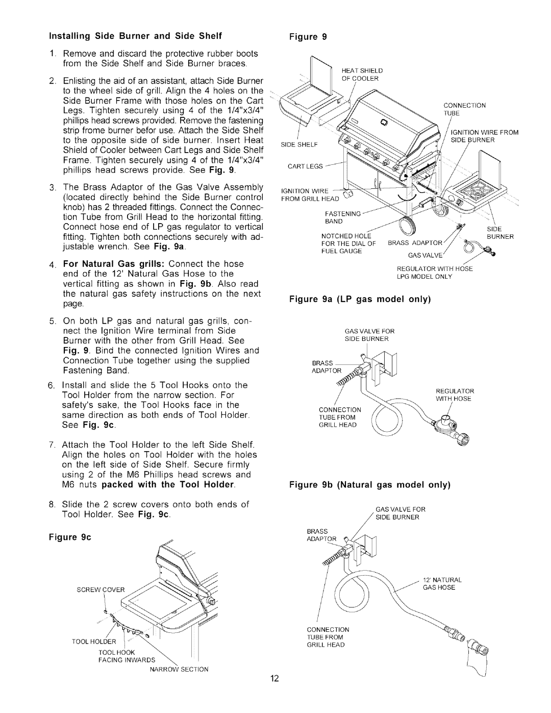 Kenmore 141.1786, 141.1686 owner manual Installing Side Burner and Side Shelf, LP gas model only 