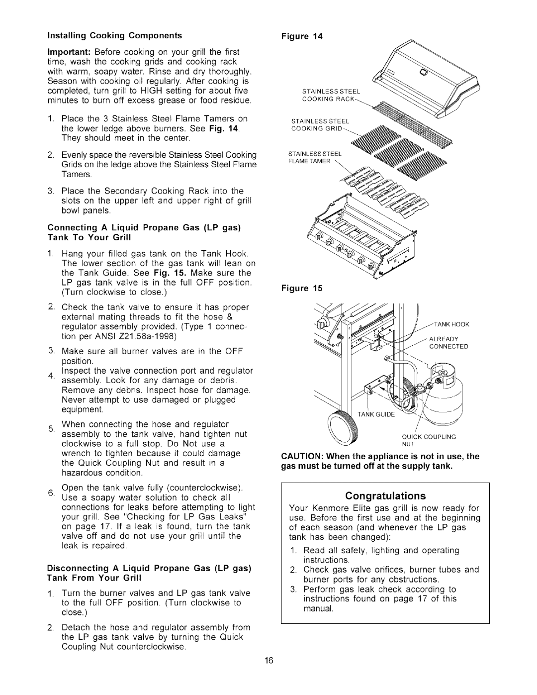 Kenmore 141.1786, 141.1686 Installing Cooking Components, Connecting a Liquid Propane Gas LP gas Tank To Your Grill 