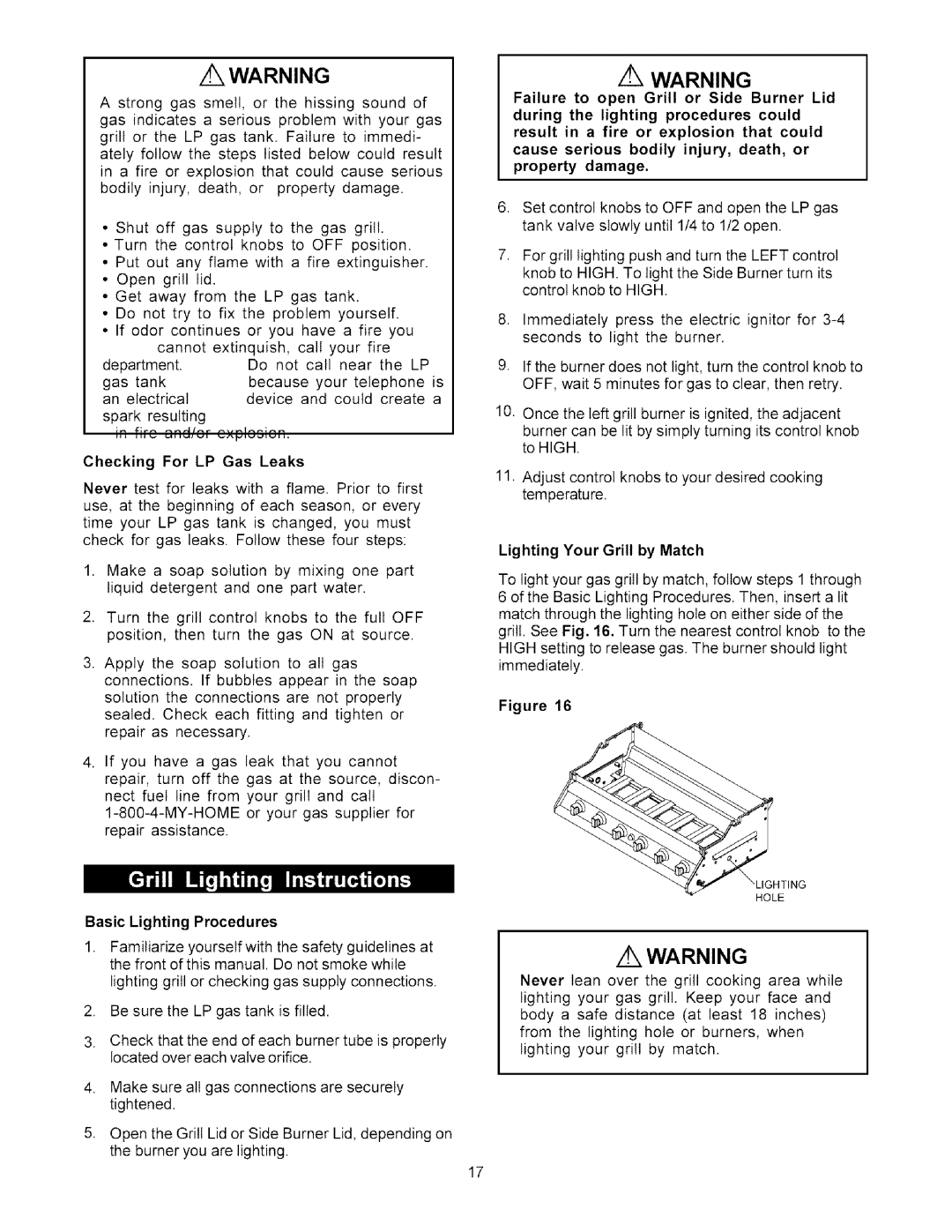 Kenmore 141.1686, 141.1786 owner manual Checking For LP Gas Leaks, Basic Lighting Procedures, Lighting Your Grill by Match 