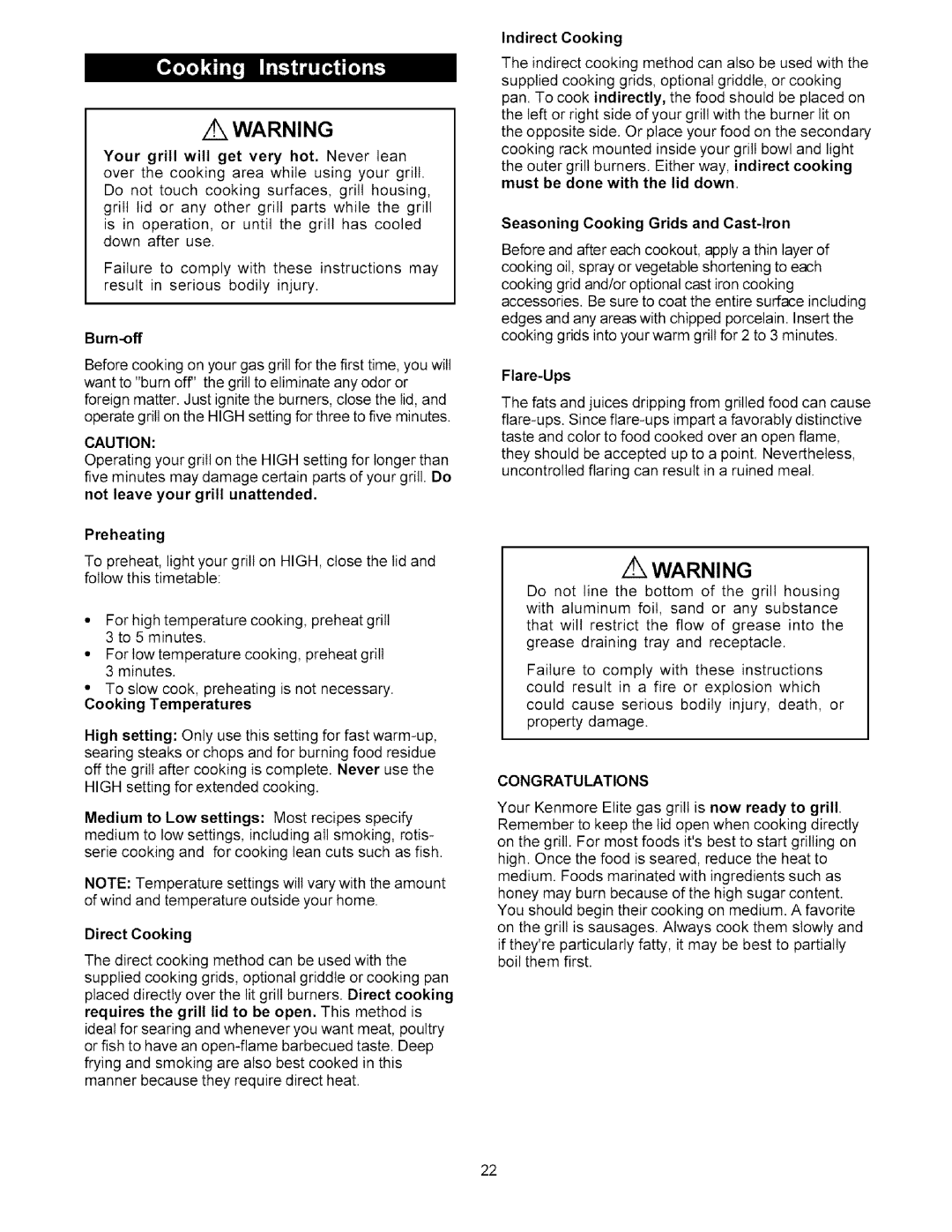 Kenmore 141.1786, 141.1686 Bum-off, Preheating, Direct Cooking, Indirect Cooking, Seasoning Cooking Grids and Cast-Iron 
