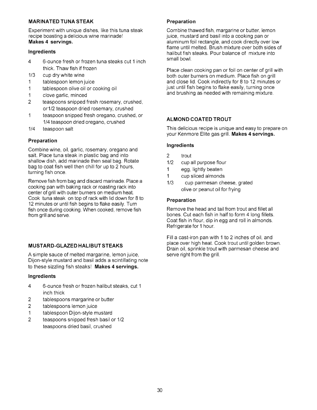 Kenmore 141.1786, 141.1686 owner manual Marinated TU NA Steak, MUSTARD-GLAZED Halibut Steaks, Almond Coated Trout 