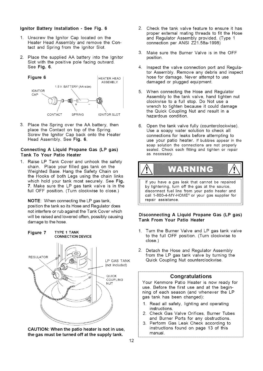 Kenmore 141.229952 owner manual Congratulations, Ignitor Battery Installation See Fig 