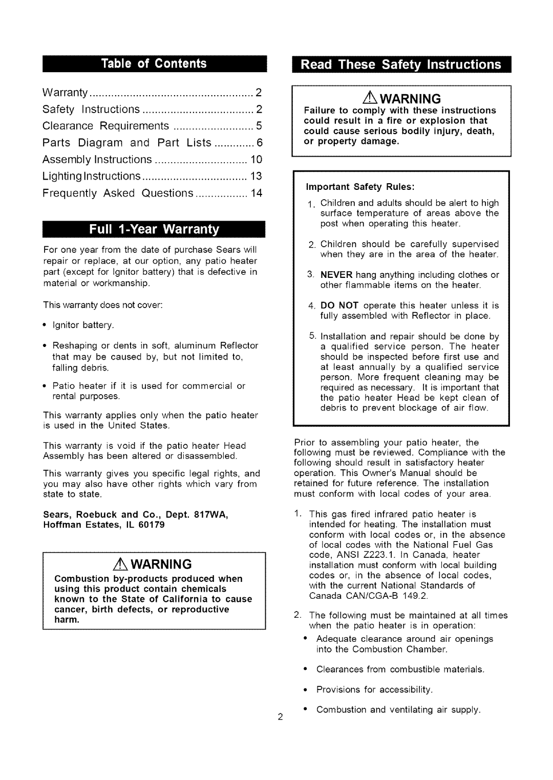 Kenmore 141.229952 owner manual 4k,WARNING, OkWARNING, Sears, Roebuck and Co., Dept WA Hoffman Estates, IL 