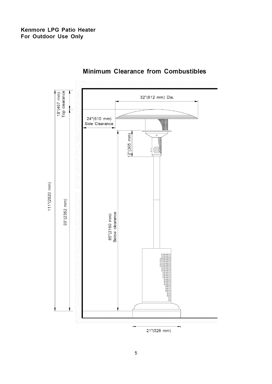 Kenmore 141.229952 owner manual Minimum Clearance from Combustibles, Kenmore LPG Patio Heater For Outdoor Use Only 