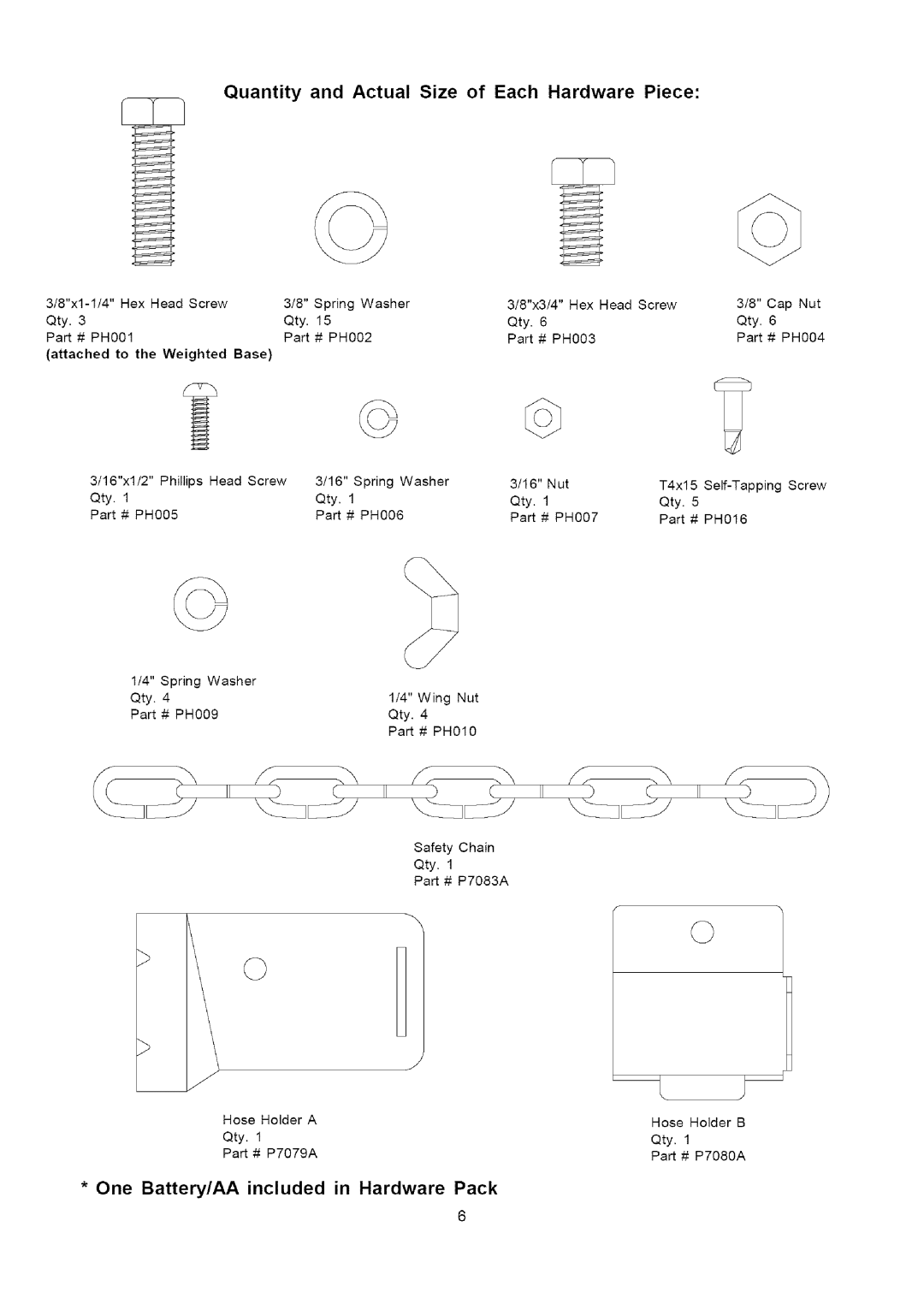 Kenmore 141.229952 owner manual Quantity and Actual Size of Each Hardware Piece, Part # PH006 