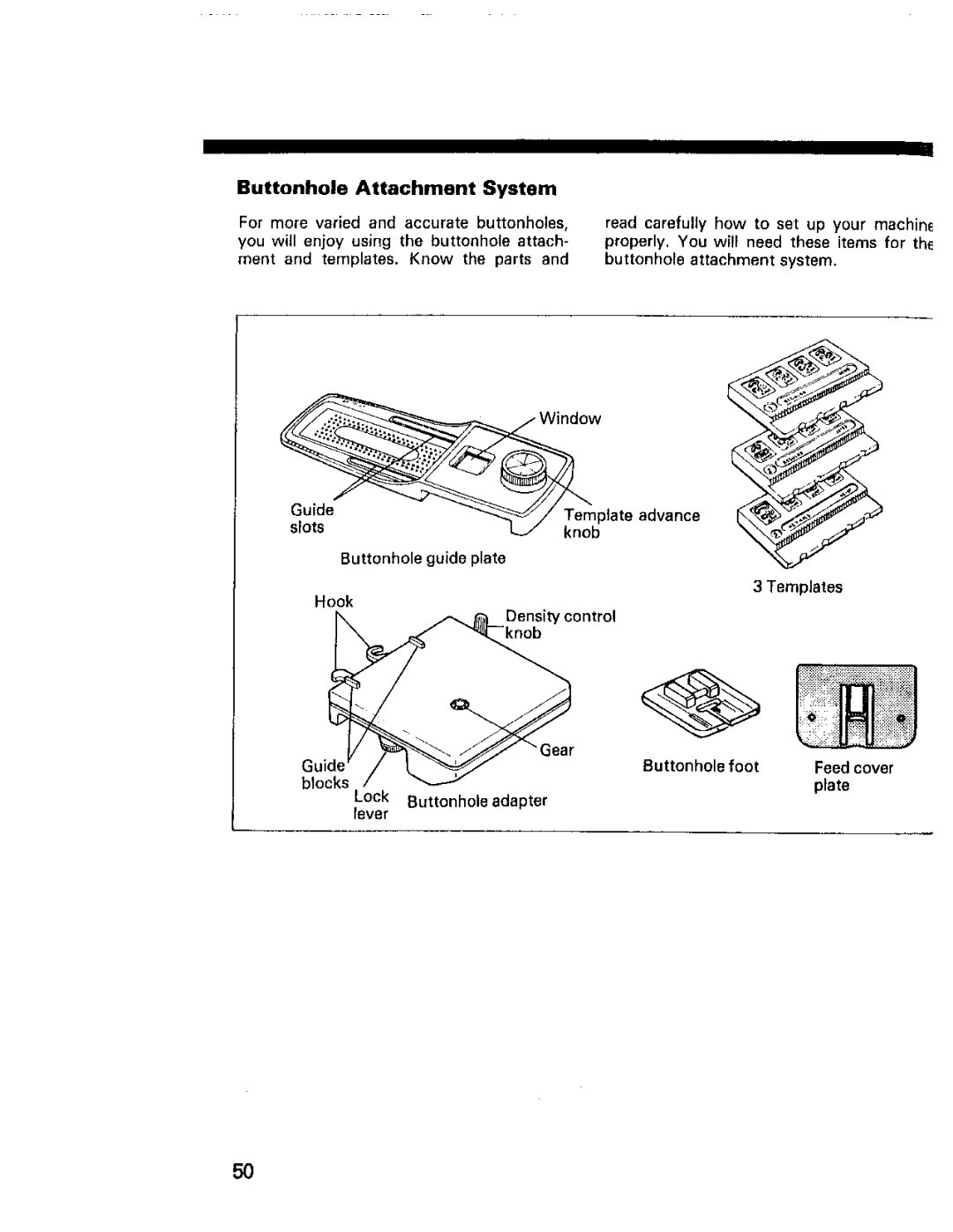 Kenmore 11101, 14502, 14501, 14572, 14401, 12621, 10101, 14571, 12551 owner manual Buttonhole Attachment System 