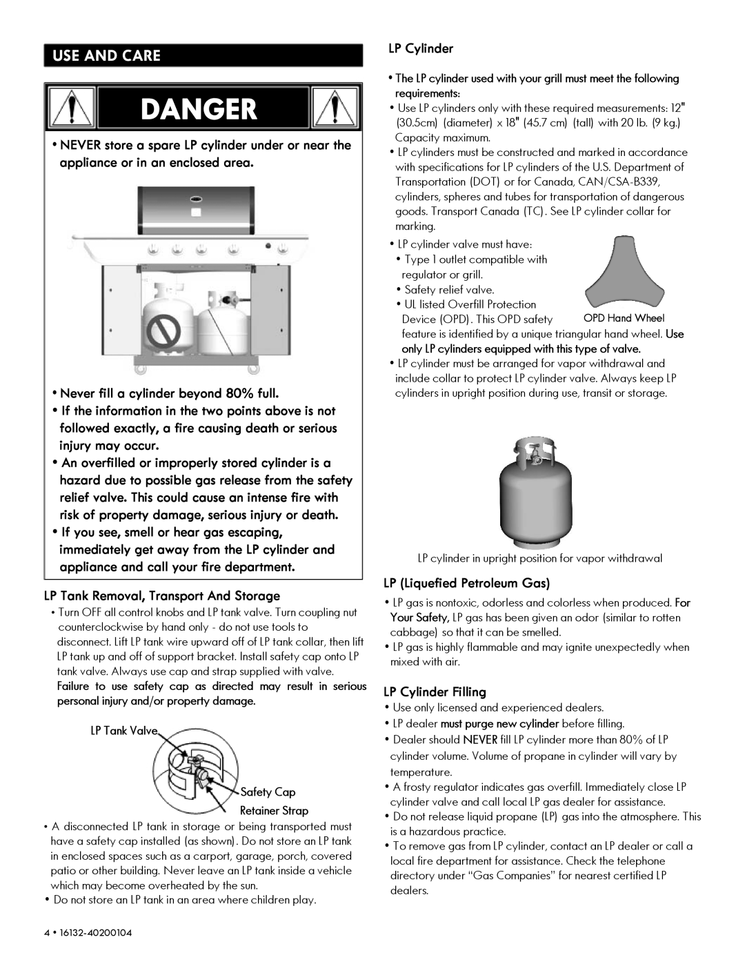 Kenmore 14616132110 manual USE and Care, LP Tank Removal, Transport And Storage, LP Cylinder, LP Liquefied Petroleum Gas 