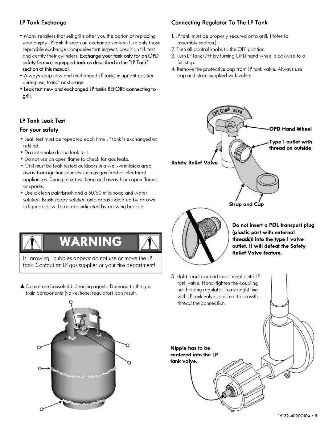 Kenmore 14616132110 manual LP Tank Exchange, LP Tank Leak Test For your safety, Connecting Regulator To The LP Tank 