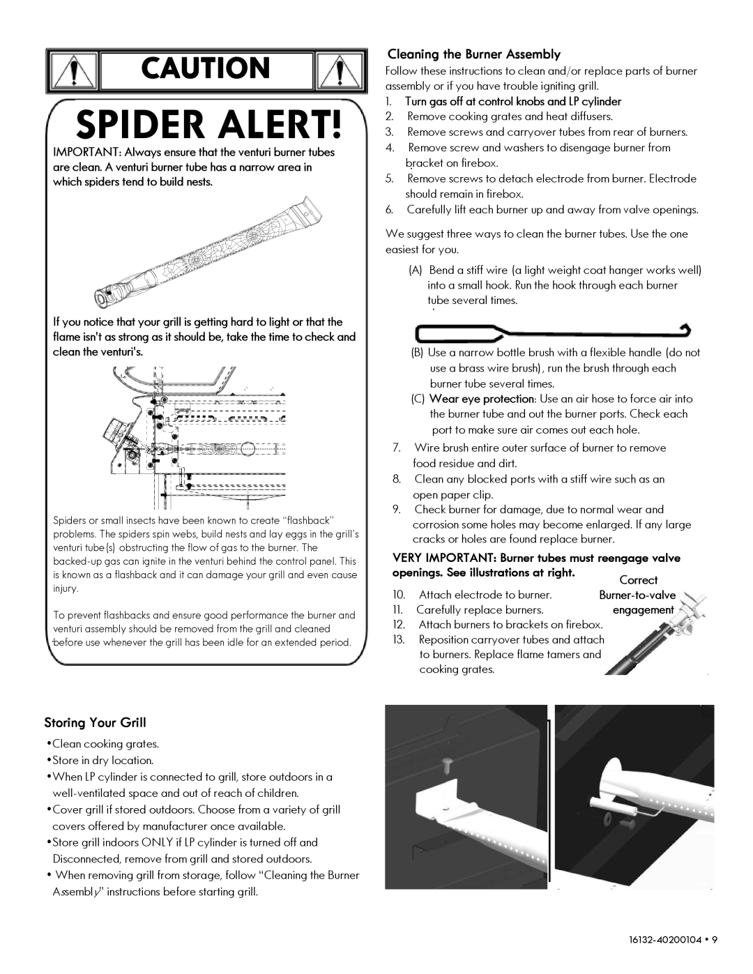 Kenmore 14616132110 manual Cleaning the Burner Assembly, Storing Your Grill 