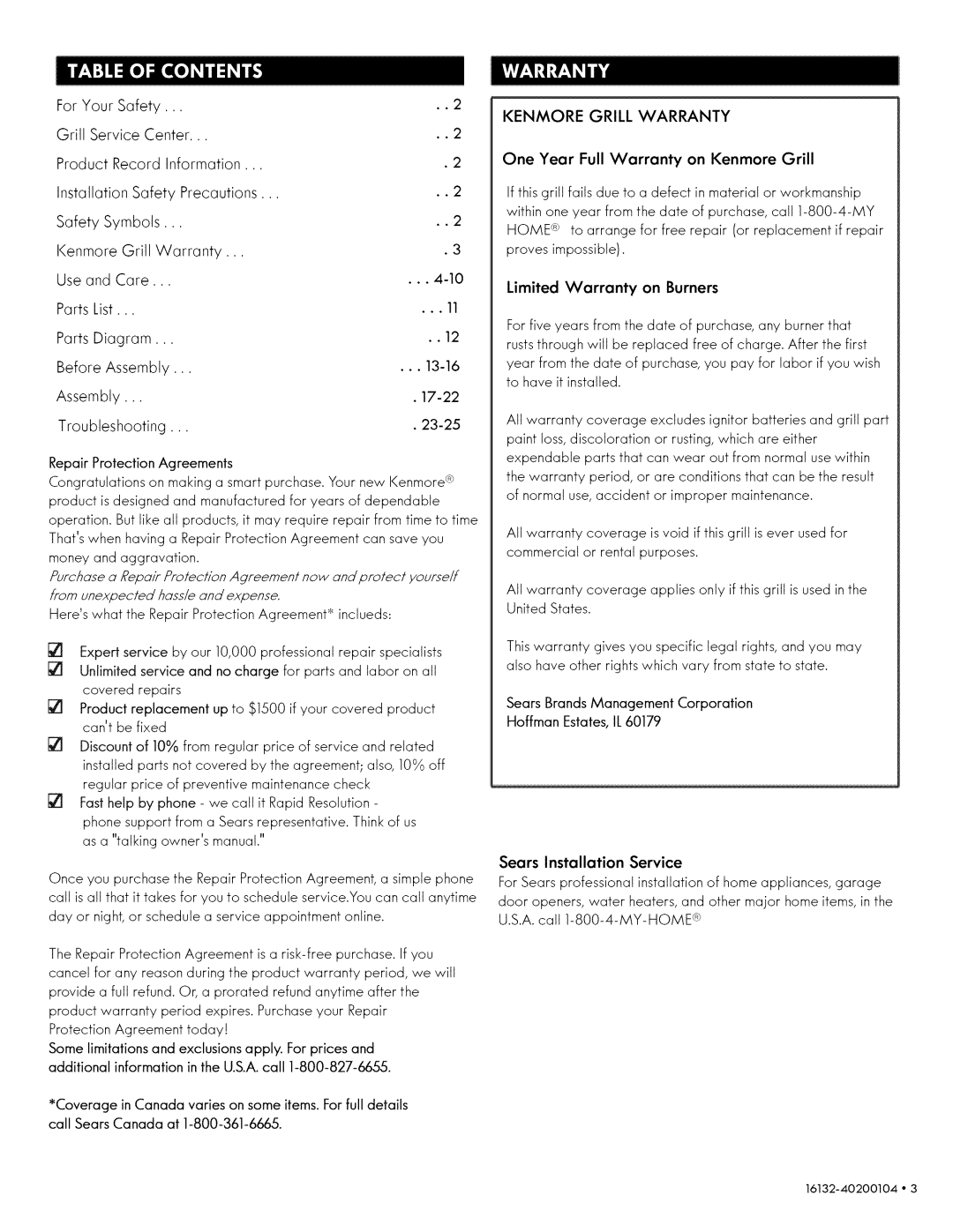 Kenmore 146.1613211 manual Assembly, Troubleshooting, One Year Full Warranty on Kenmore Grill, Limited Warranty on Burners 