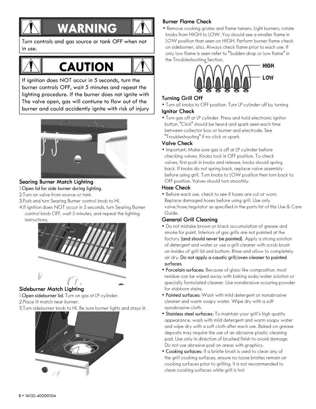 Kenmore 146.1613311, 146.1613211 manual Burner Flame Check, Turning Grill Off, Hose Check, General Grill Cleaning 