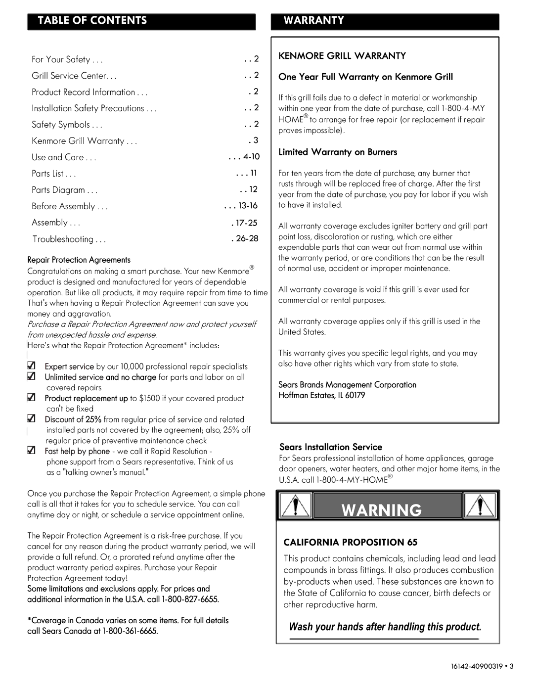 Kenmore 146.1614221 manual Table of Contents 