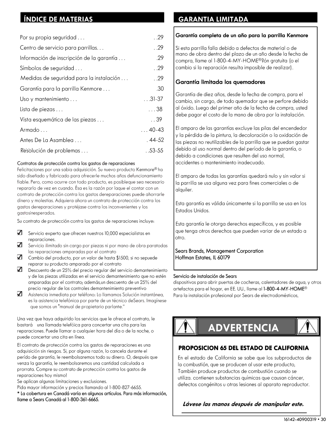 Kenmore 146.1614221 manual Garantía limitada los quemadores, Garantía completa de un año para la parrilla Kenmore 